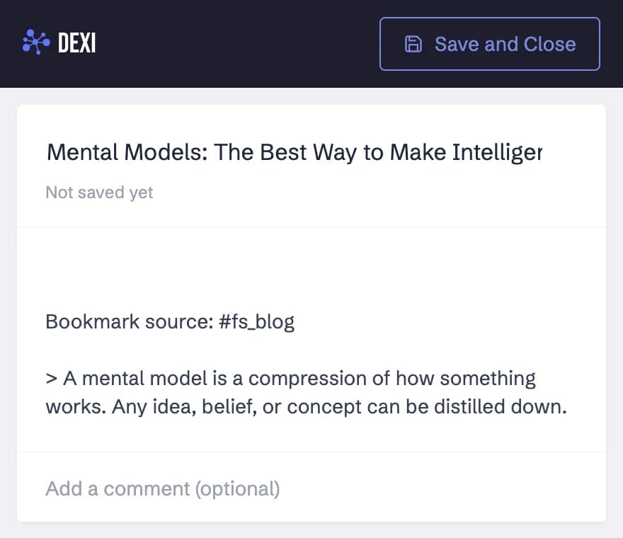 The Save to Dexi popup with a highlighted passage from an article about mental models